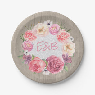 Assiettes En Carton Aquarelle rose Floral Wreath Bois rustique Mariage