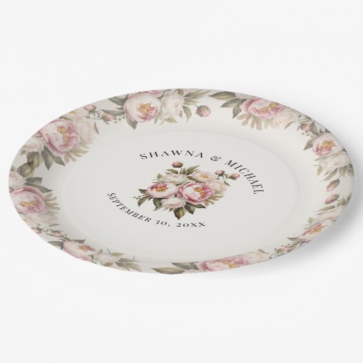 Assiettes En Carton Aquarelle rose florale Mariage élégant (Angle)