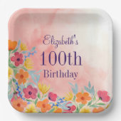 Assiettes En Carton Aquarelle rose Florals 100e anniversaire (Recto)