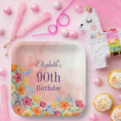 Assiettes En Carton Aquarelle rose Florals 90e anniversaire (Fête)