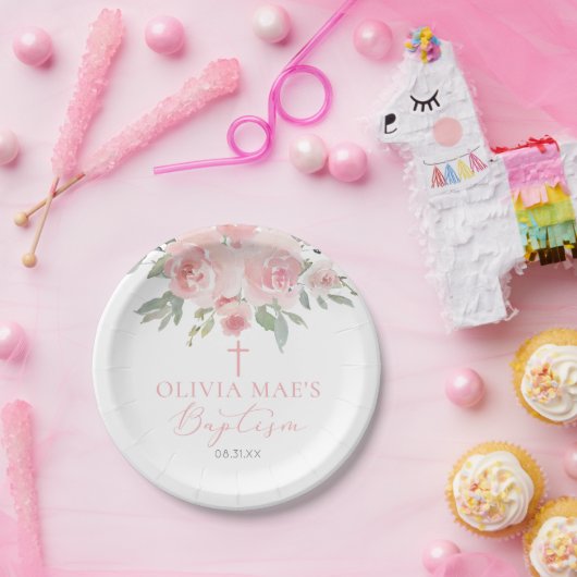 Assiettes En Carton Aquarelle Rose Jardin fille Baptême (Fête)