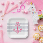 Assiettes En Carton Aquarelle rose marine rayures d'ancrage (Fête)