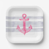 Assiettes En Carton Aquarelle rose marine rayures d'ancrage (Recto)