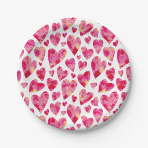Assiettes En Carton Aquarelle rose motif de coeur d'amour
