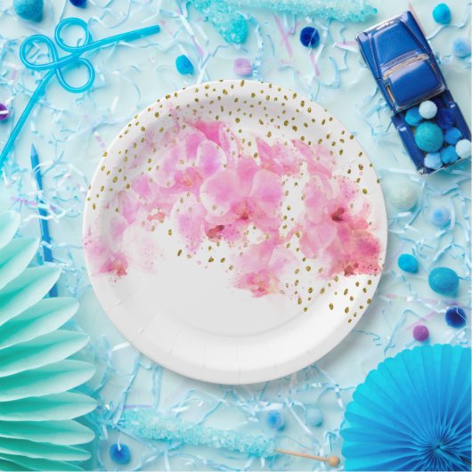 Assiettes En Carton Aquarelle rose orchidée Parties scintillant or (Fête)