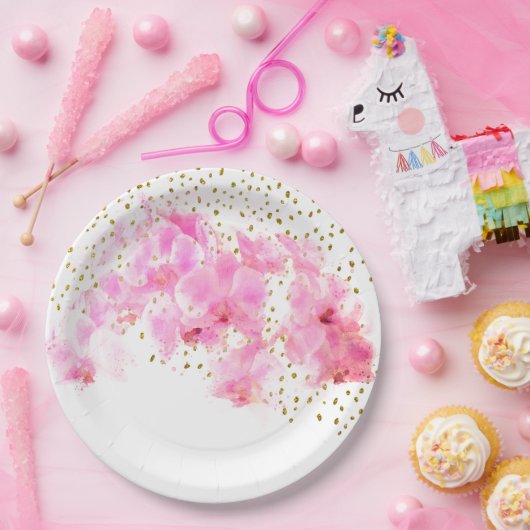 Assiettes En Carton Aquarelle rose orchidée Parties scintillant or (Fête)