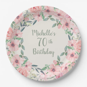 Assiettes En Carton Aquarelle rose pâle 70e anniversaire