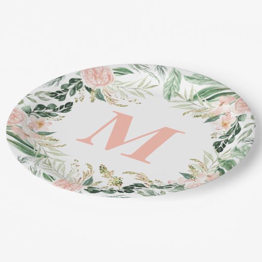 Assiettes En Carton Aquarelle rose pâle monogramme floral initial (Angle)
