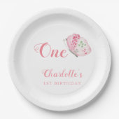 Assiettes En Carton Aquarelle rose papillon 1er anniversaire fête (Devant)
