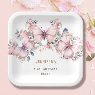 Assiettes En Carton Aquarelle rose Petit Papillon Fille 1er anniversai