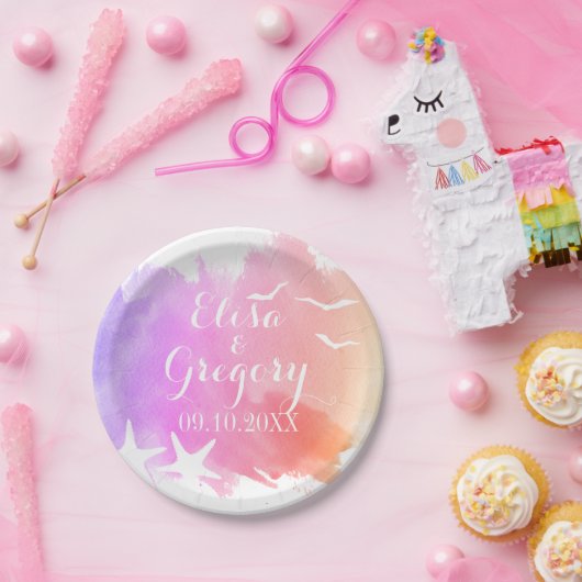 Assiettes En Carton Aquarelle rose, plage d'étoiles de mer mariage été (Fête)