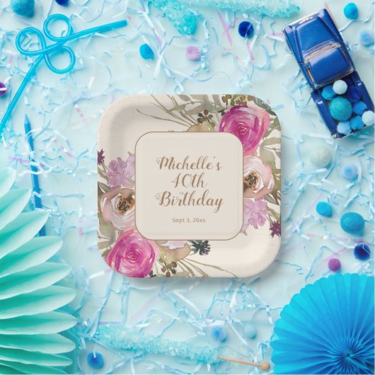 Assiettes En Carton Aquarelle rose pourpre douce 40e anniversaire (Fête)