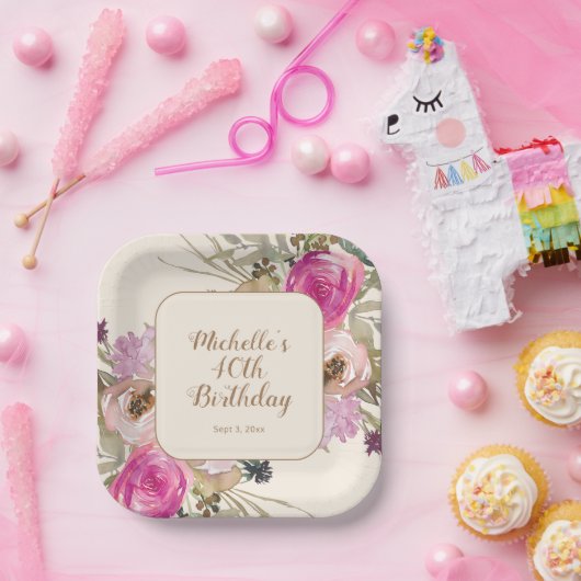 Assiettes En Carton Aquarelle rose pourpre douce 40e anniversaire (Fête)