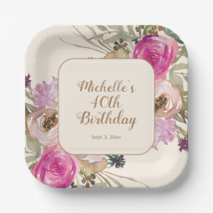 Assiettes En Carton Aquarelle rose pourpre douce 40e anniversaire