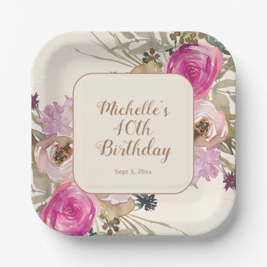 Assiettes En Carton Aquarelle rose pourpre douce 40e anniversaire (Recto)