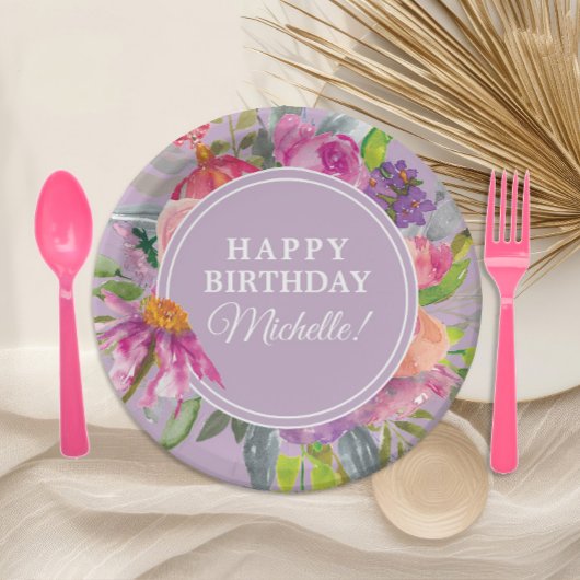 Assiettes En Carton Aquarelle rose pourpre Fleur fête d'anniversaire