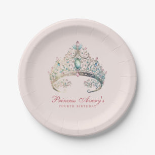 Assiettes En Carton Aquarelle rose princesse Tiara Anniversaire