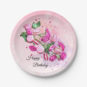 Assiettes En Carton Aquarelle rose roses et macarons français
