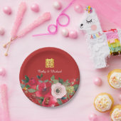 Assiettes En Carton Aquarelle rose rouge floral moderne double bonheur (Fête)