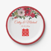 Assiettes En Carton Aquarelle rose rouge floral moderne mariage chinoi (Devant)
