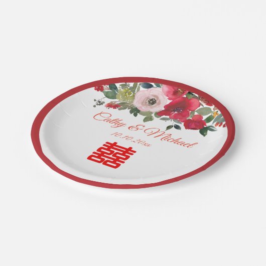 Assiettes En Carton Aquarelle rose rouge floral moderne mariage chinoi (Angle)
