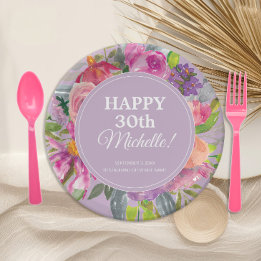 Assiettes En Carton Aquarelle rose violet Fleur sauvage 30e anniversai
