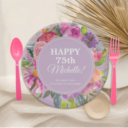 Assiettes En Carton Aquarelle rose violet Fleur sauvage 75e anniversai
