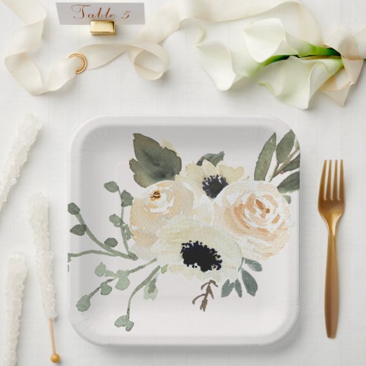 Assiettes En Carton Aquarelle Roses blanches (Mariage)