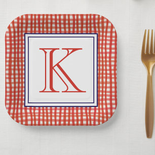 Assiettes En Carton Aquarelle rouge blanc et bleu En vichy monogramme