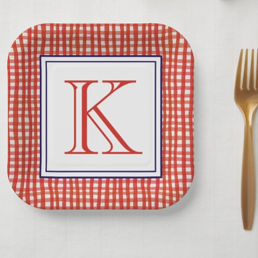 Assiettes En Carton Aquarelle rouge blanc et bleu En vichy monogramme