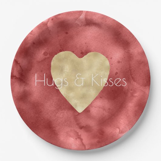 Assiettes En Carton Aquarelle rouge Coeur or (Devant)