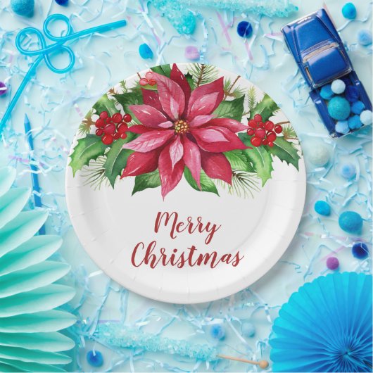 Assiettes En Carton Aquarelle Rouge Poinsettia Fleur Noël (Fête)