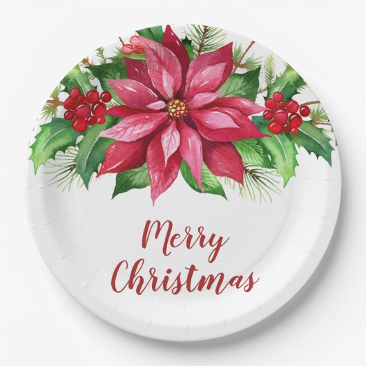 Assiettes En Carton Aquarelle Rouge Poinsettia Fleur Noël (Devant)