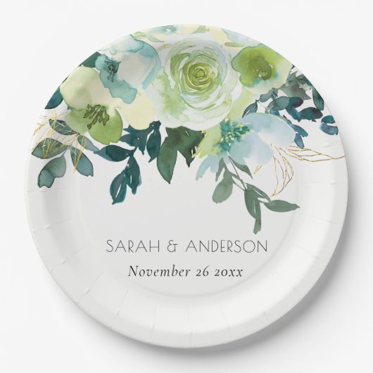 Assiettes En Carton Aquarelle rustique bleu vert Floral Mariage (Devant)