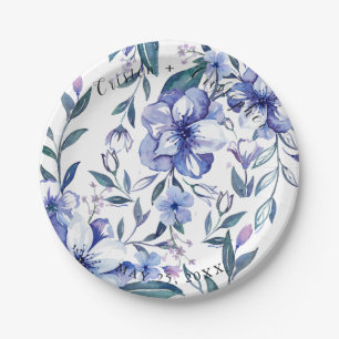 Assiettes En Carton Aquarelle Rustique Dusty Blue Floral Mariage