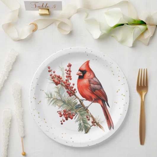 Assiettes En Carton Aquarelle rustique Hiver Cardinal Holly Branche (Mariage)