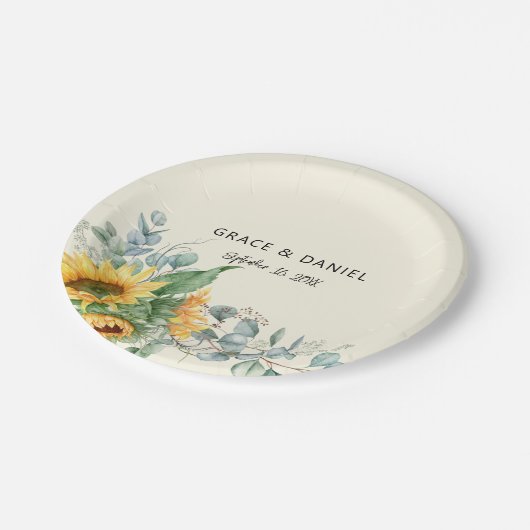 Assiettes En Carton Aquarelle rustique Tournesol Eucalyptus Vert (Angle)