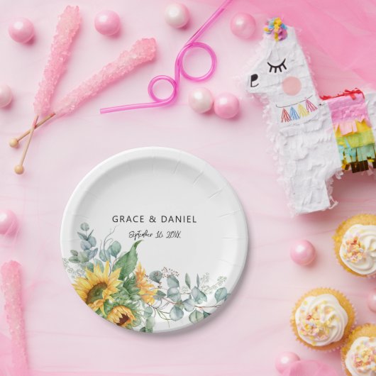 Assiettes En Carton Aquarelle rustique Tournesol Eucalyptus Vert (Fête)