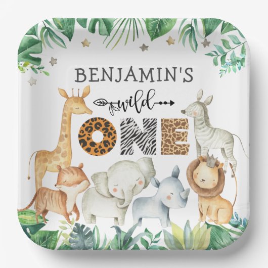 Assiettes En Carton Aquarelle Safari Animaux Wild One Birthday Paper (Recto)