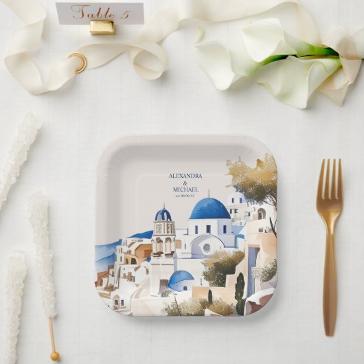Assiettes En Carton Aquarelle Santorin Destination Mariage (Mariage)