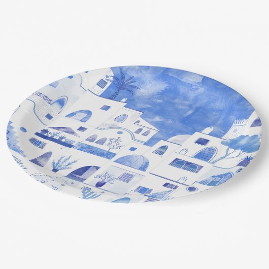 Assiettes En Carton Aquarelle Santorin Grèce (Angle)