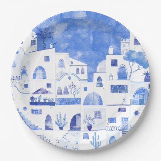 Assiettes En Carton Aquarelle Santorin Grèce (Devant)