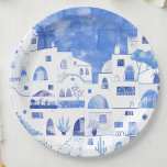 Assiettes En Carton Aquarelle Santorin Grèce<br><div class="desc">Une aquarelle moderne bleu et blanc représentant l'île grecque de Santorin. Art original de Nic Squirrell.</div>