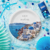 Assiettes En Carton Aquarelle Santorini Grèce Destination Mariage (Fête)