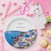 Assiettes En Carton Aquarelle Santorini Grèce Destination Mariage (Fête)