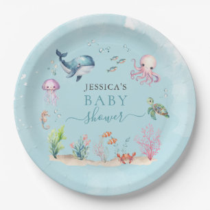 Assiettes En Carton Aquarelle sous le Baby shower d'animaux marins