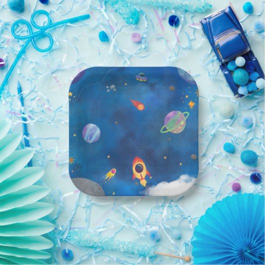 Assiettes En Carton Aquarelle spatiale - Bleu foncé (Fête)