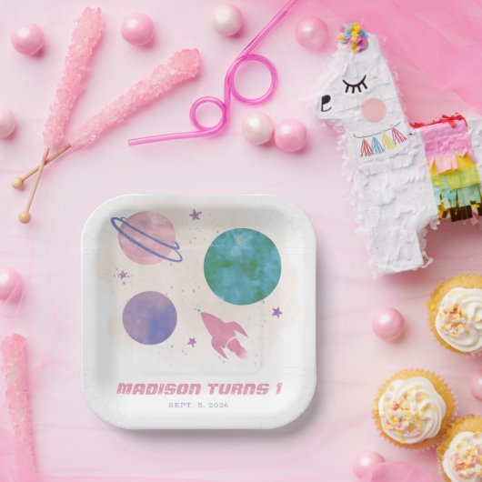Assiettes En Carton Aquarelle spatiale de la fille Planète 1er anniver (Fête)