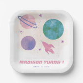 Assiettes En Carton Aquarelle spatiale de la fille Planète 1er anniver (Recto)