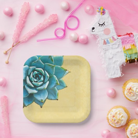 Assiettes En Carton Aquarelle Succulente Dentelle jaune (Fête)